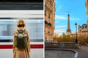 Left: Person with backpack facing a moving subway, blurred train. Right: Scenic Paris view with the Eiffel Tower and classic buildings