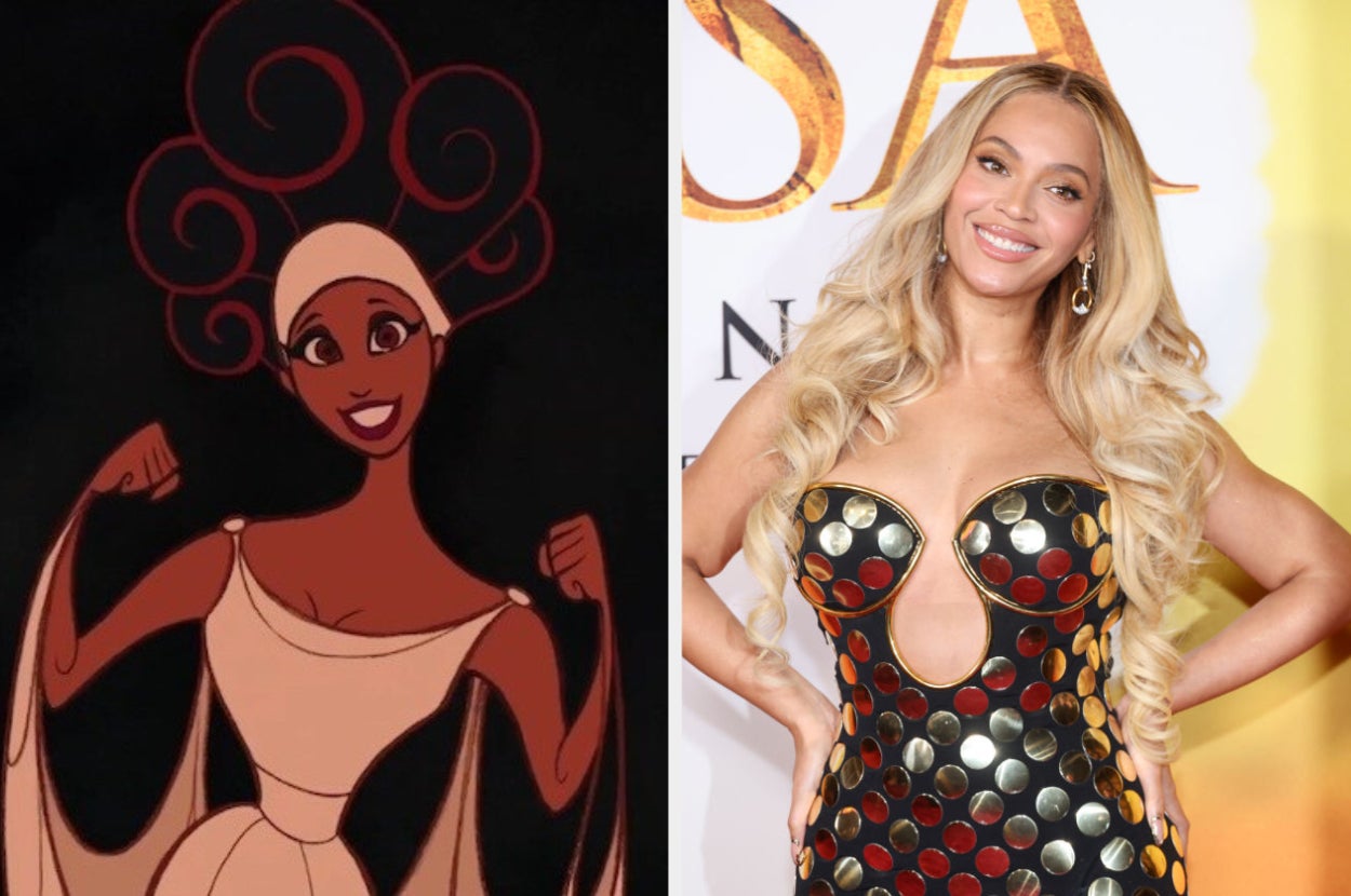 An animated character from "Hercules" flexing, alongside a person in a metallic circular-patterned dress on a red carpet