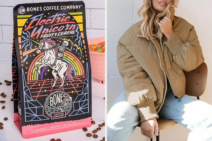 A bag of "Electric Unicorn" fruity cereal coffee next to a person in a puffy jacket and jeans, seated indoors