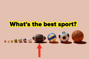 Image with various sports balls and a red arrow pointing to a football. Text asks, "What's the best sport?"