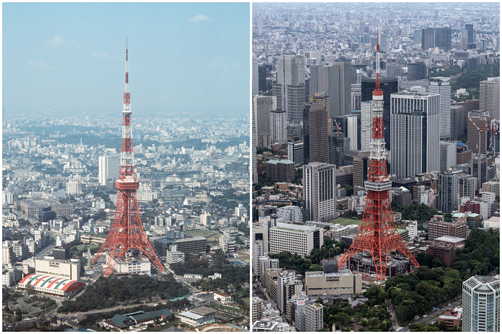 東京タワーの新旧比較写真。左が1971年、右が2021年