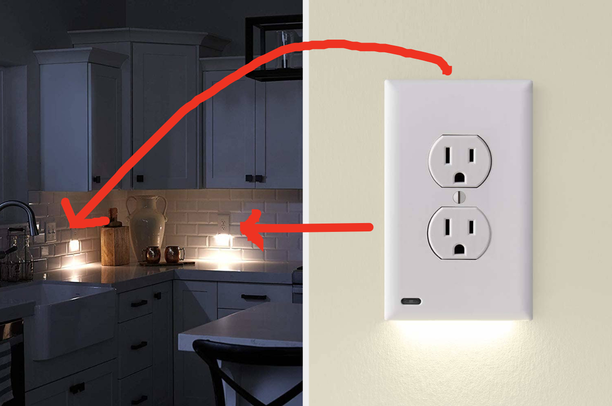 LED outlet covers illuminate kitchen counter corners, indicating use for ambient lighting
