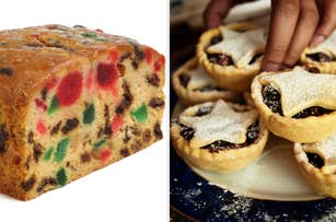 Fruitcake and mince pies on a plate; a hand reaches for one