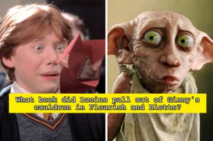 Ronald Weasley reacts surprised; alongside an image of Dobby. Text asks about a book removed from Ginny's cauldron