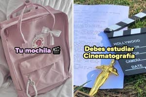 Un texto comparativo humorístico entre una mochila con cinta y equipo de filmación con un premio, sugiriendo estudiar cinematografía