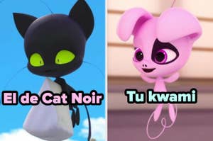 Imagen dividida de kwamis de "Miraculous Ladybug": Plagg a la izquierda, Tikki a la derecha, ambos con estilos característicos