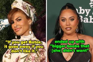 Side-by-side image of two women. Left: woman discusses Botox. Right: woman mentions ending up with "bigger boobs that [she] didn't want."