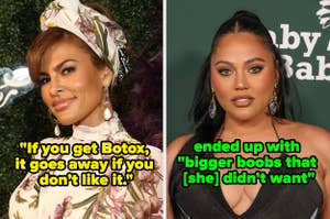 Side-by-side image of two women. Left: woman discusses Botox. Right: woman mentions ending up with "bigger boobs that [she] didn't want."