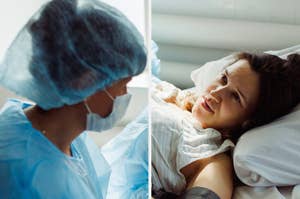 Healthcare professional in scrubs and mask speaking with a patient lying in a hospital bed, looking attentive and engaged