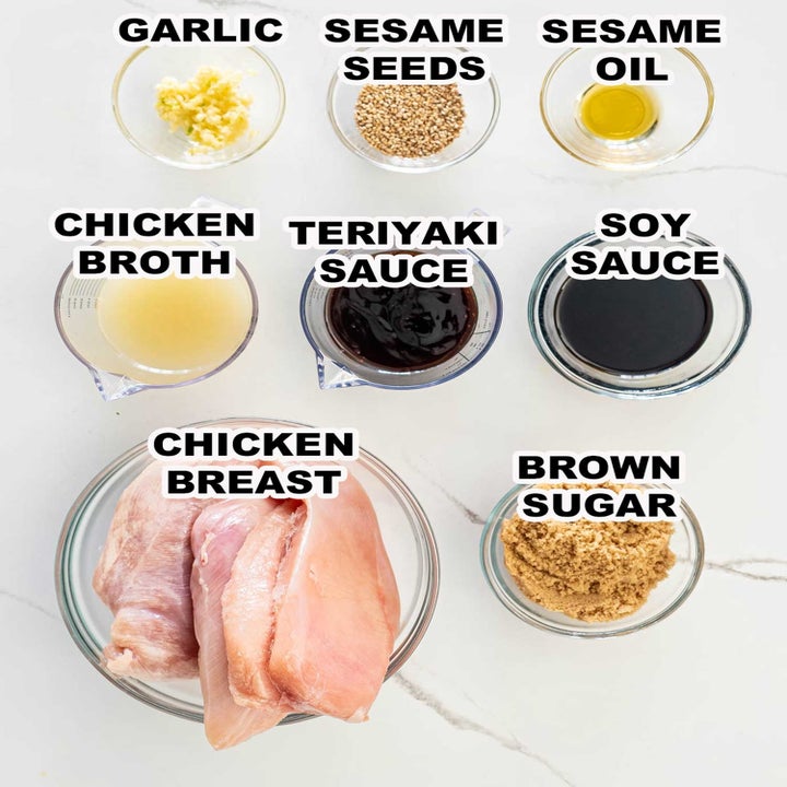 Ingredients for a recipe: garlic, sesame seeds, sesame oil, chicken broth, teriyaki sauce, soy sauce, chicken breast, and brown sugar