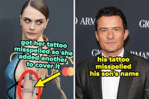 Two celebrities with tattoo mishaps: one covered with another tattoo, the other with a misspelled name