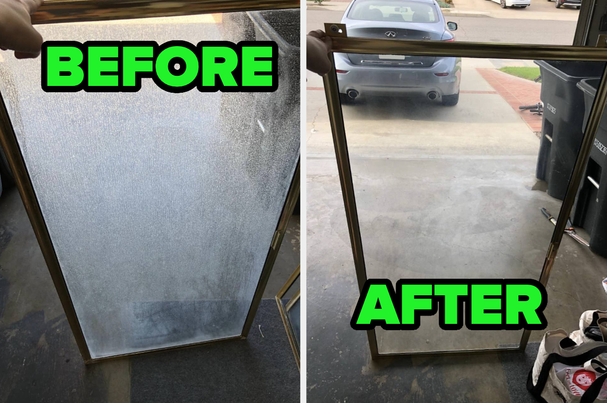 Before and after image of a glass door, showing a transformation from foggy to clear