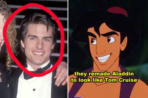 Left: A couple in formal attire smiling. Right: Animated character Aladdin with text suggesting resemblance to Tom Cruise