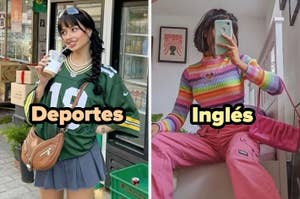 Mujer con jersey deportivo bebiendo etiquetada "Deportes", otra con suéter colorido y pantalón rosa etiquetada "Inglés"