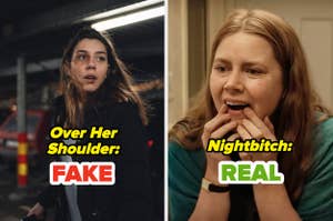 Split image: On the left, a woman looking over her shoulder labeled "Over Her Shoulder: Fake." On the right, a woman with hands on her face labeled "Nightbitch: Real."