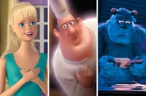 Three animated characters: a toy doll with blonde hair, a worried chef, and a furry blue monster holding a letter Z