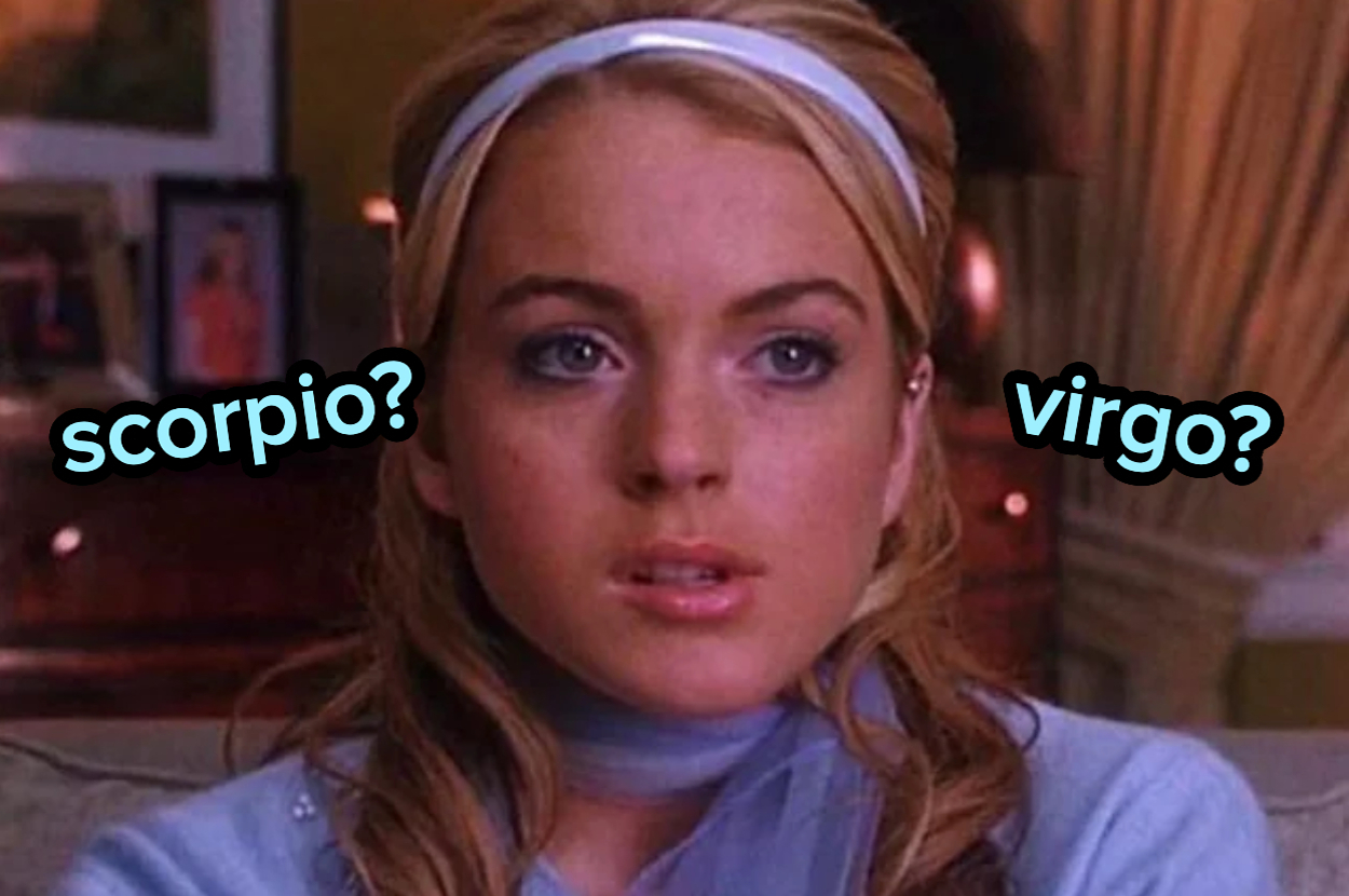 A person wearing a headband and scarf looks puzzled. Overlay text: "scorpio?" and "virgo?"