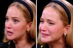 A woman with a surprised expression and one with tears, likely reacting emotionally