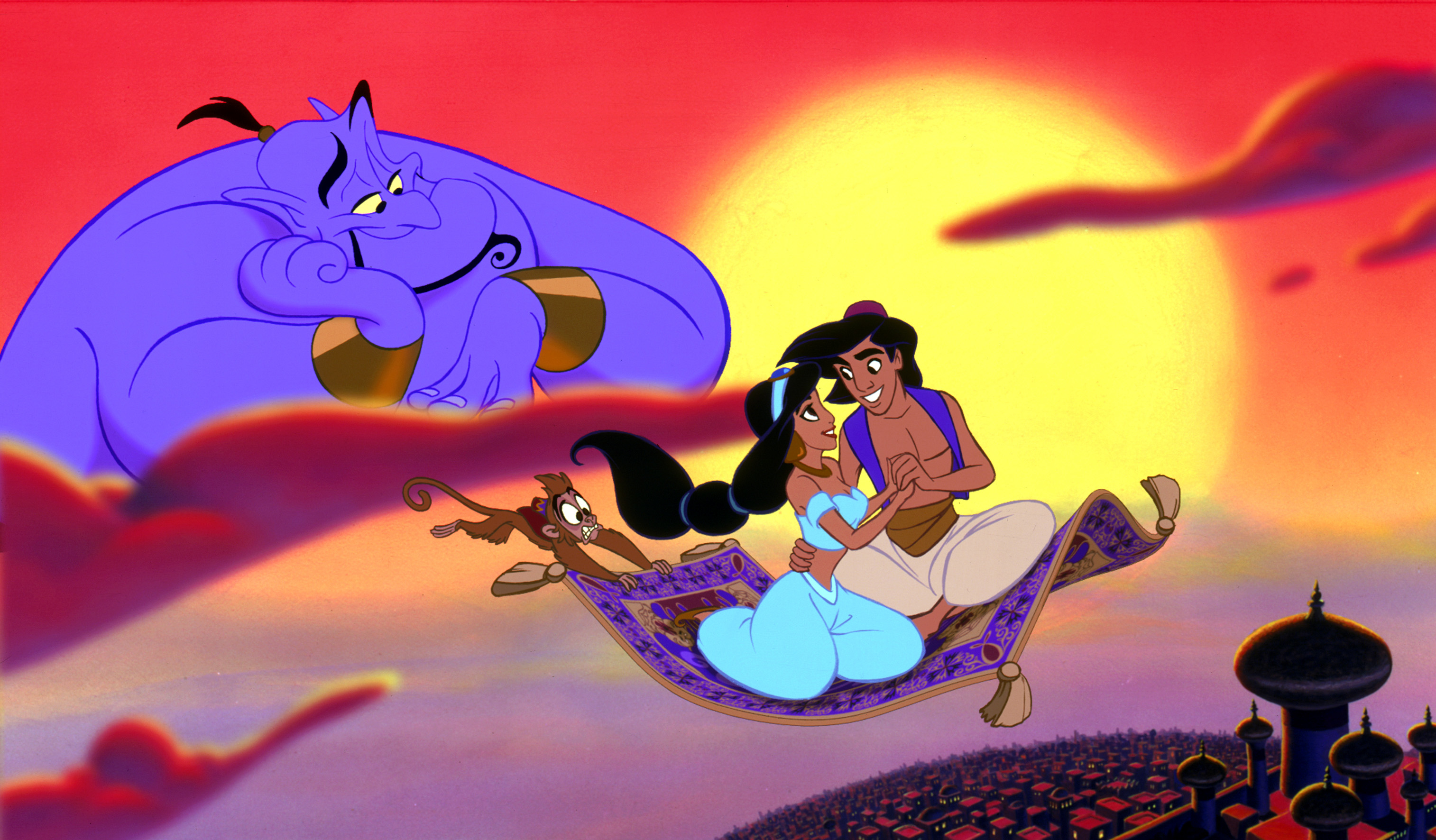 Animated characters on a magic carpet ride with a sunset. Aladdin holds Jasmine, accompanied by a monkey and a genie watching over them