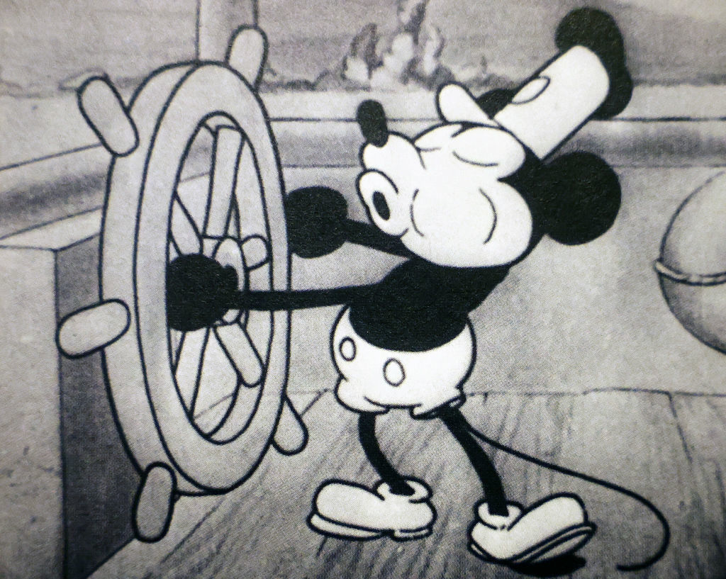 Classic cartoon character steering a ship's wheel with determination
