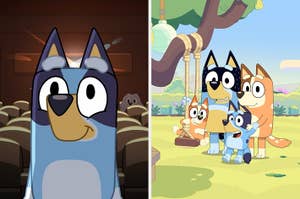 Animated characters from "Bluey" are in a theater on the left; on the right, the family is outdoors near a tree