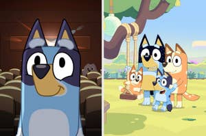 Animated characters from "Bluey" are in a theater on the left; on the right, the family is outdoors near a tree