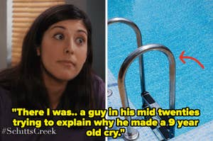 Woman reacting beside a swimming pool image. Text reads: "There I was... a guy in his mid twenties trying to explain why he made a 9 year old cry." #SchittsCreek