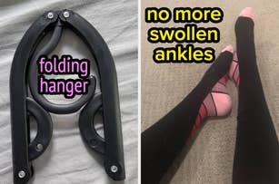 Collapsible hanger on left; black socks with pink heels, promoting relief from swollen ankles, on right