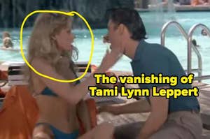 A scene shows a woman in a bikini talking to a man by a pool with the text "The vanishing of Tami Lynn Leppert" overlaid
