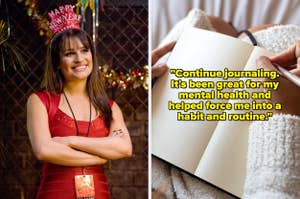 Split image of Lea Michele in a "Happy New Year" party hat, a person journaling on a bed. Text: "Continue journaling. It's been great for my mental health and helped force me into a habit and routine."