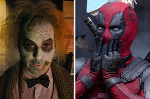 Split image of Michael Keaton in "Beetlejuice Beetlejuice" and Ryan Reynolds in "Deadpool and Wolverine."