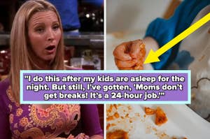 Left: A surprised woman in a patterned dress. Right: A baby's hand covered in food with an arrow pointing to it