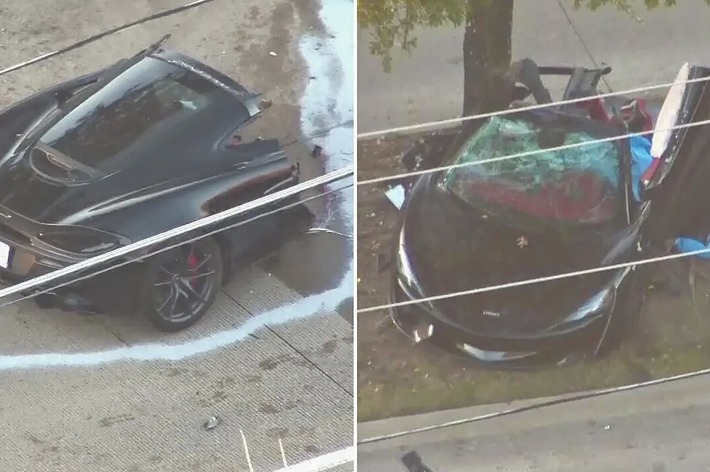 道路上で衝突したスポーツカーの空撮画像。フロントガラスが破損し、側面に損傷が見られる。