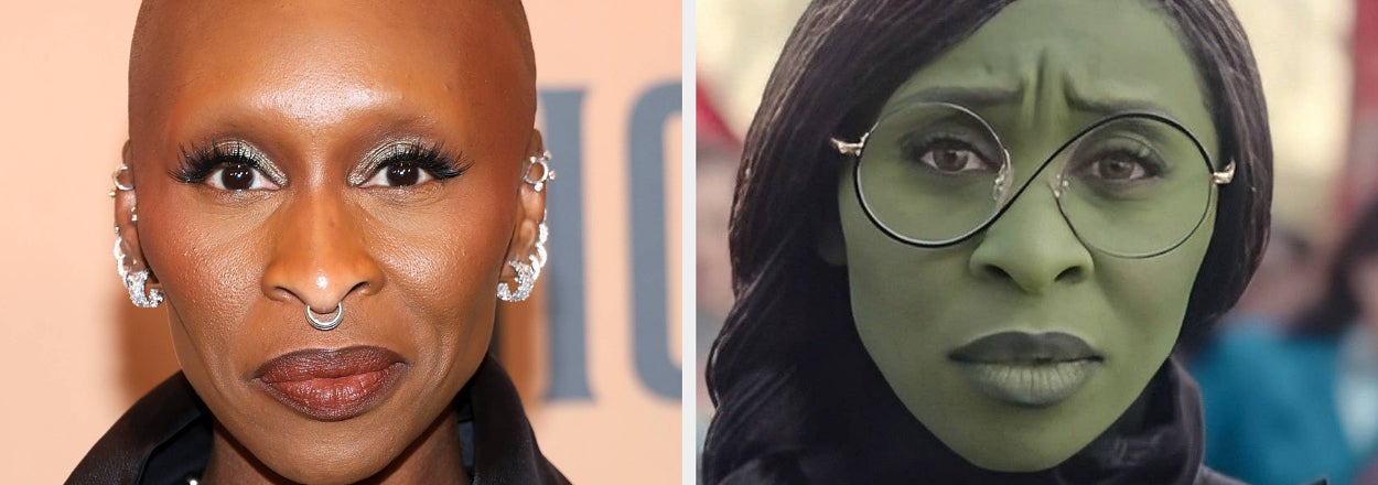 Person on left wearing elegant black attire with jewelry; on right, same person as a green-skinned character with glasses and braided hair