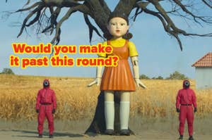 Scene from a game show with a giant doll and guards. Text asks: "Would you make it past this round?"