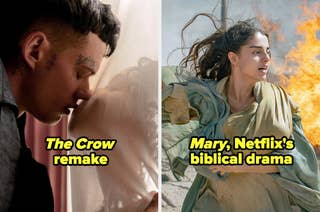 Split image: Left shows Bill Skarsgård and FKA twigs kissing through a curtain for 