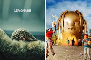 Split image: Left shows a braided person in fur with 'LEMONADE' text; right shows people by a giant golden head structure with balloons