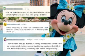 Minnie Mouse statue at a Disney theme park; overlaid text includes discussions about visiting Disney multiple times and relationship dynamics