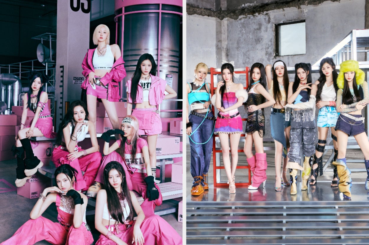 Two group photos featuring musicians in stylish, edgy outfits. Each member showcases unique, bold fashion, aligning with a dynamic music theme