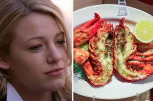 A person with a thoughtful expression next to a plate of grilled lobster with lemon garnish