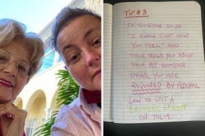 Two people taking a selfie. Text tip humorously advises spitting a Brussels sprout if someone downplays your feelings with a trivial comparison