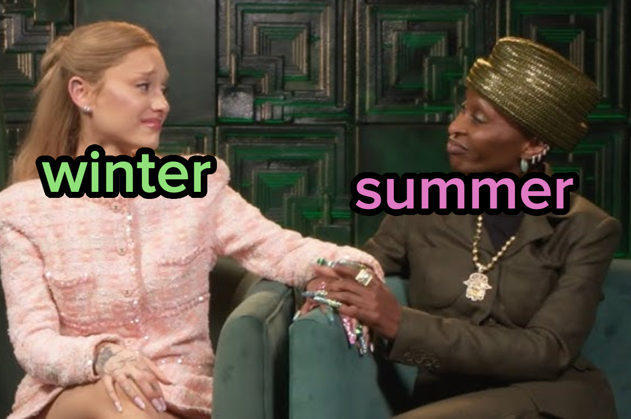 Two people sit on a couch. One wears a light-textured outfit labeled "winter," and the other wears a dark, stylish outfit with a hat labeled "summer."