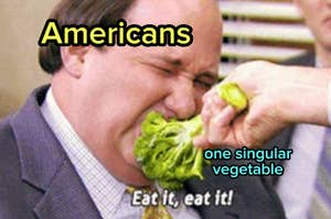 A person in a suit being playfully forced to eat broccoli, with the text "Eat it, eat it!" on the image