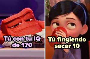 Imagen dividida: a la izquierda, personaje rojo luciendo aburrido con texto “Tú con tu IQ de 170”; a la derecha, niña con taza y texto “Tú fingiendo sacar 10”