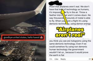 View from an airplane window over a city at night, with text overlay suggesting a conspiracy theory about planes not existing as real technology