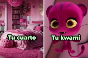 Lado izquierdo: dormitorio con tema rosa. Lado derecho: personaje animado rosa con grandes ojos amarillos. Texto: "Tu cuarto", "Tu kwami"