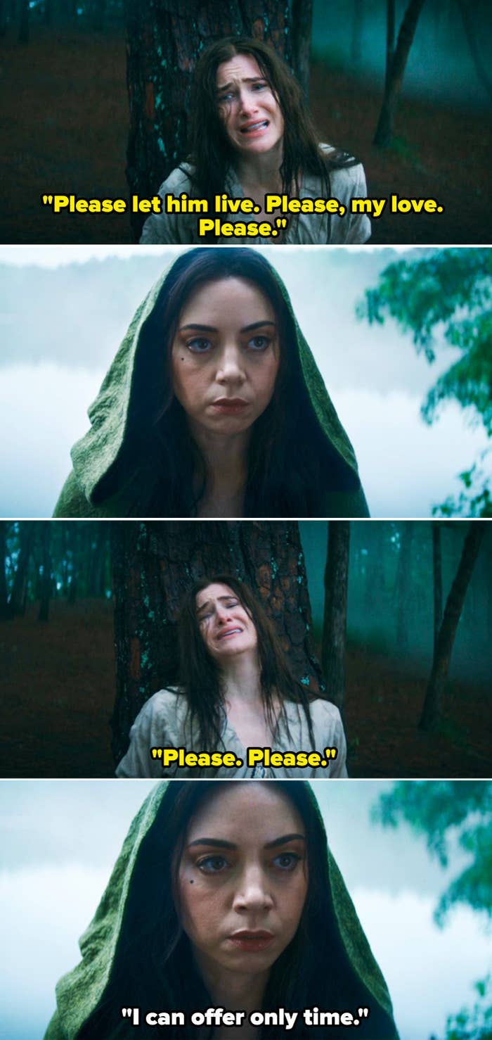 Two scenes from a dramatic film: a person tied to a tree, looking distressed; another person in a green hood, looking serious