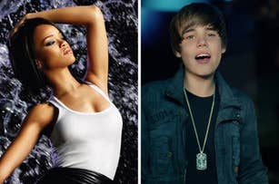 Two music artists: a woman in a white tank top posing, and a young man singing, wearing a jacket and pendant necklace
