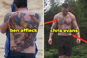 Two shirtless men with large tattoos, labeled as "ben affleck" with a colorful back tattoo and "chris evans" with a chest tattoo, standing outdoors