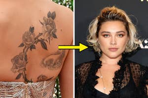 Person with floral back tattoo; arrow pointing to someone in a black lace outfit on a red carpet